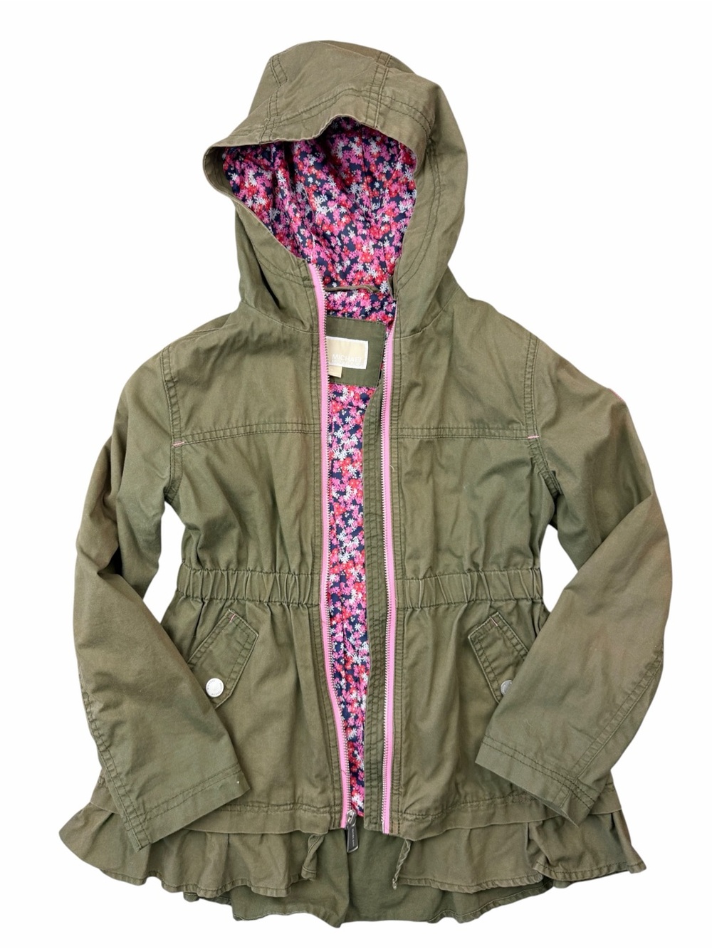 Girls Michael Kors Olive Hooded Jacket with Pink Floral Lining